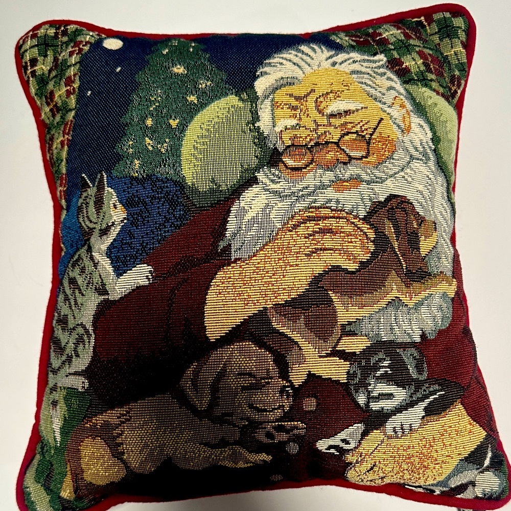 Santa Claus Tapestry Pillow with Puppies and Kitten